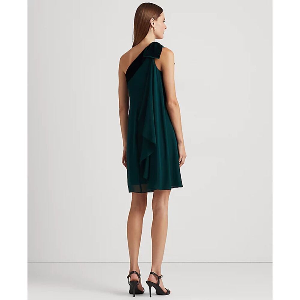 Ralph Lauren Womens Chiffon Velvet One-Shoulder Green Flowy Dress Size 8 - Picture 2 of 10